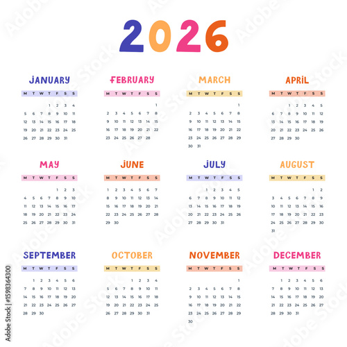 Lovely minimal calendar template for 2026 year with weeks starts on Monday. Vivid calendar grid 2026 with funky font for nursery, corporate, stationery. Square monthly calender layout for schedule.
