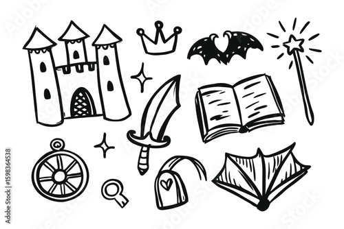 Fantasy Doodle Collection: Whimsical illustrations of a castle, crown, bat, magic wand, storybook, compass, key, sword, bag and umbrella conjuring a sense of fantasy and wonder.