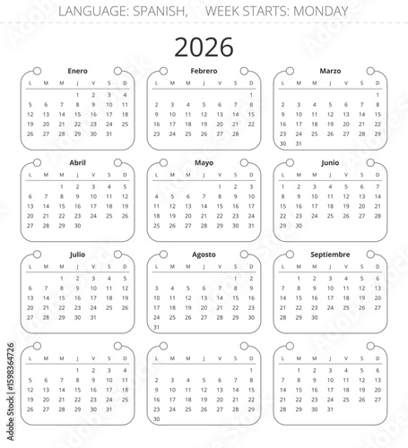 2026 spanish calendar. Year calendario. Vector modern vertical illustration Spain.