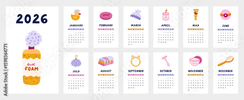 Lovely calendar template for 2026 year with cartoon hygiene, shower, bathroom clipart. Calendar grid with weeks starts on Monday for kids nursery. Vertical monthly calender layout for schedule.