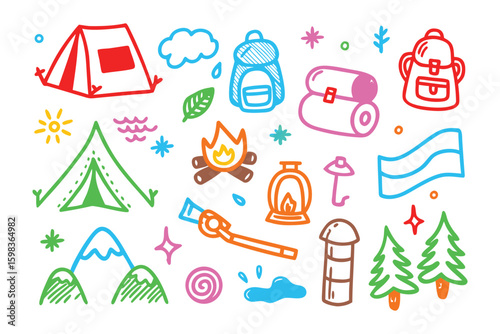 Camping and outdoor doodle style vector graphic: Camping gear essentials illustrated in a colorful doodle style, perfect for outdoor and adventure themed projects.