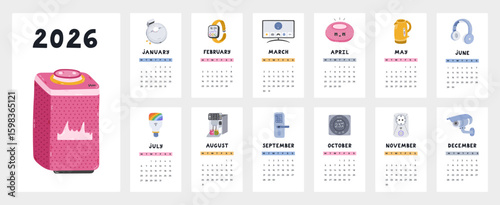 Lovely calendar template for 2026 year with cartoon clipart of wireless technique, smart home devices. Calendar grid with weeks starts on Monday for kids nursery. Vertical monthly calender layout.
