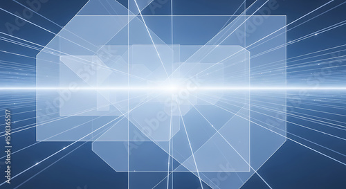 Abstract digital design with translucent geometric shapes and radiating light beams.