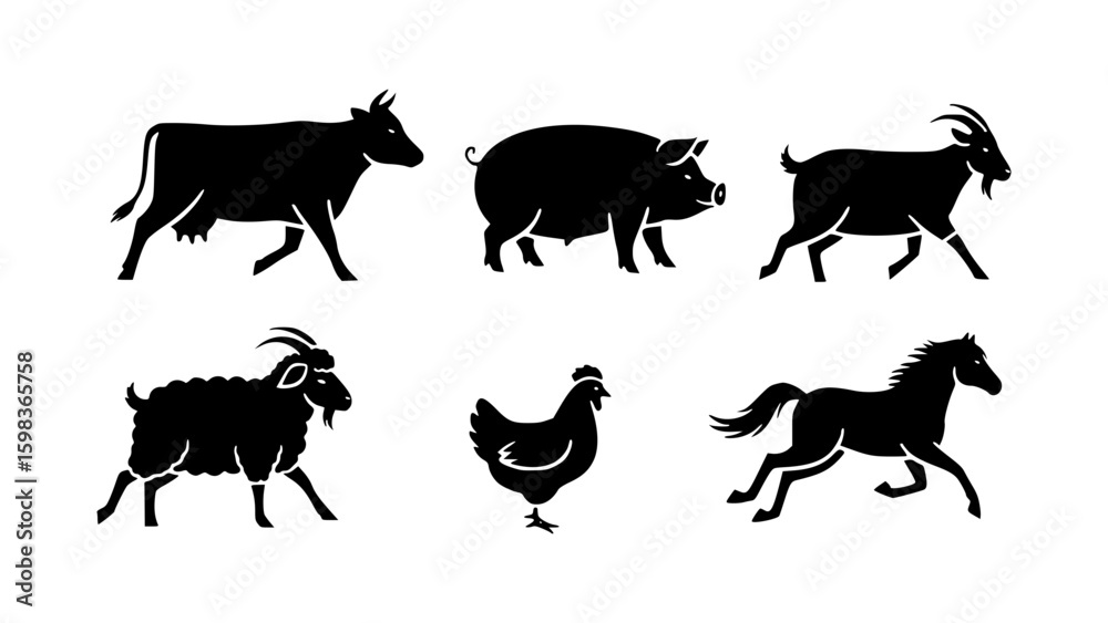 Obraz premium Silhouette illustrations of various farm animals, including a cow, pig, goat, sheep, chicken, and horse