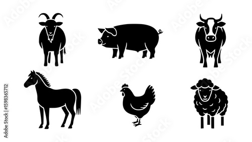 Illustration of six farm animals, a goat, a pig, a cow, a horse, a chicken, and a sheep, in silhouette
