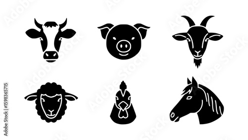 Collection of Farm Animal Heads in Black Silhouette Style