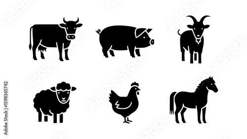 Various farm animals represented in a monochromatic illustration, showcasing a collection of iconic animals