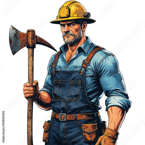 Serious lumberjack with axe in work uniform
