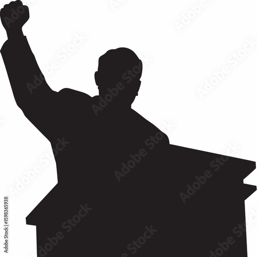 Silhouette of a speaker with raised fist delivering a powerful message