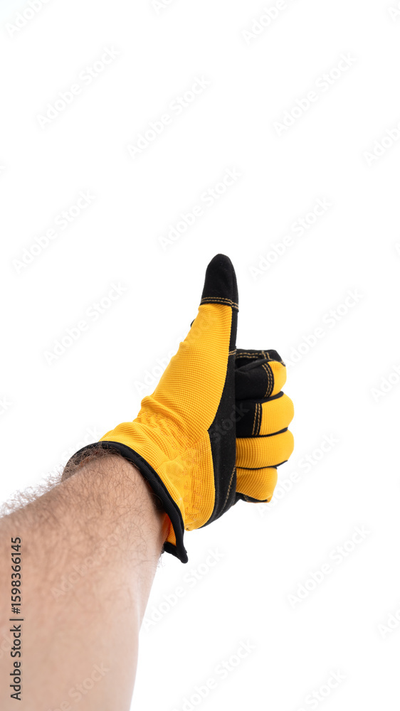 Fototapeta premium Yellow-gloved hand giving thumbs up