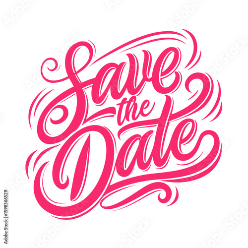 Beautiful pink calligraphy lettering save the date with elegant swirls and flourishes on a white background