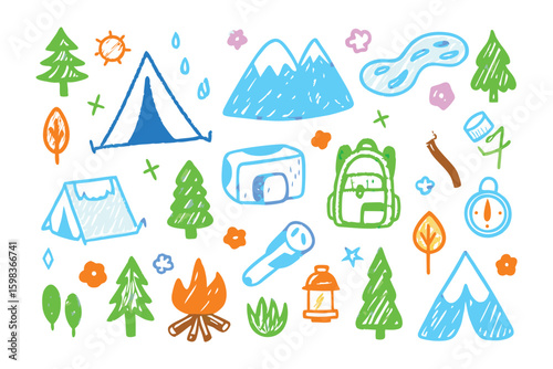 Camping Doodles: A vibrant collection of hand-drawn camping-themed doodles, offering a cheerful visual narrative perfect for outdoor adventures, evoking a sense of anticipation and playful wanderlust.