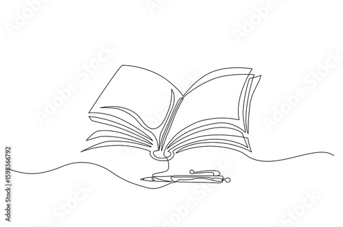 Continuous one line drawing of an open book with a pen placed in front, symbolizing learning, creativity, and writing. isolated on white, Vector Editable stroke
