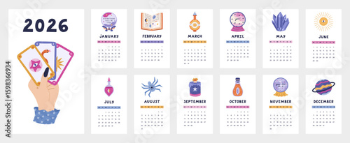 Lovely calendar template for 2026 year with esoteric and wizard cartoon clipart. Calendar grid with weeks starts on Monday for kids nursery, company, stationery. Vertical monthly calender layout.