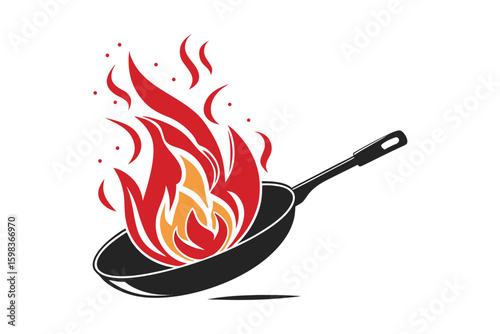 Stylized illustration of a frying pan with flames erupting from it isolated on white background silhouette