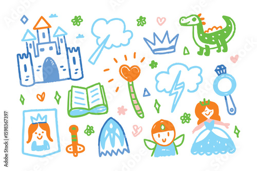 Whimsical Kingdom: A charming illustration of fairytale elements, capturing the enchanting essence of a magical kingdom, ideal for storytelling and fantasy-themed projects.