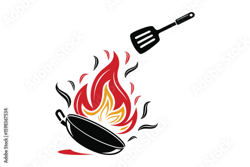 Stylized silhouette of a spatula flipping food in a wok over a vibrant campfire isolated on white background