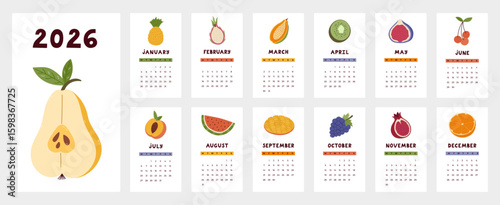 Lovely calendar template for 2026 year with tropical fruits, exotic berries cartoon clipart. Calendar grid with weeks starts on Monday for kids nursery, restaurant. Vertical monthly calender layout.
