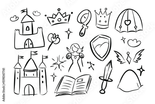 Princess Dream Doodle Set: whimsical doodles of a princess theme. A charming doodle set features a castle, crown, mirror, book, shield and wand, invoking the essence of fairy tales.