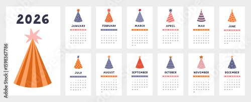 Lovely calendar template for 2026 year with birthday party hat cartoon clipart. Calendar grid with week starts on Monday for kids nursery, carnival office. Vertical paper cone monthly calender layout.