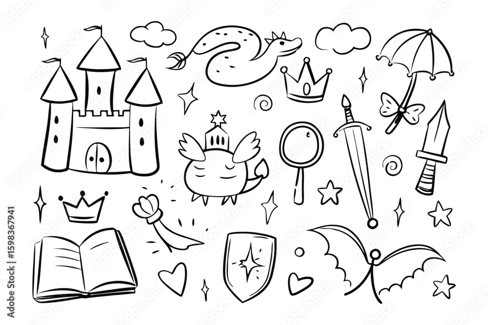 Fototapeta premium Royal Line Art: A whimsical hand-drawn illustration of various royal elements, showcasing a castle, a dragon, crown, clouds, a sword, shield, an umbrella, a love heart, stars, a book.