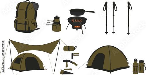 Vector art of essential camping gear including a backpack, cookware, trekking poles, tent and water bottle isolated on white background