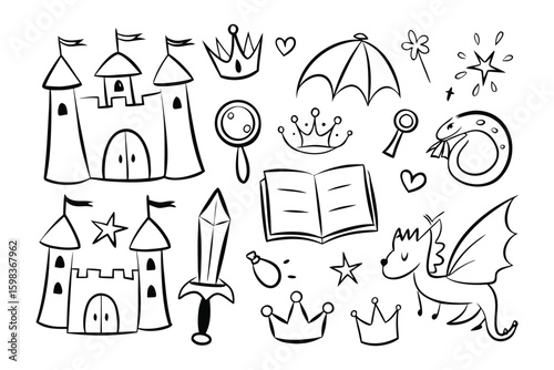 Magical Kingdom Doodle Collection: A whimsical collection of hand-drawn doodles evoking the enchantment of a fairy-tale kingdom, featuring castles, crowns, magical items, and fantastical creatures.
