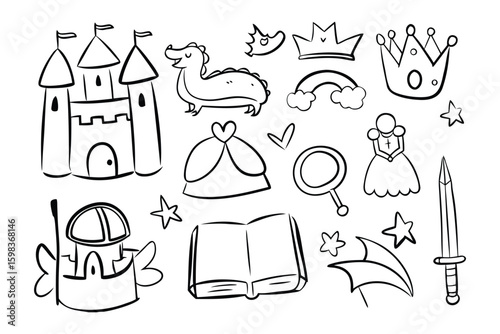 Enchanting Princess Sketch: An array of whimsical elements, from a majestic castle and friendly dragon to an elegant crown, a storybook, and a shining sword, captures the essence of a magical realm.
