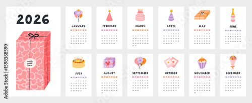 Lovely calendar template for 2026 year with Happy Birthday cartoon clipart. Calendar grid with weeks starts on Monday for kids nursery, event company. Vertical festivity monthly calender layout.