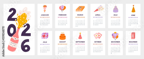 Lovely calendar template for 2026 year with celebrate birthday cartoon clipart. Calendar grid with weeks starts on Monday for kids nursery, corporate office. Vertical surprise monthly calender layout.