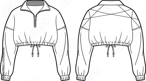 Cropped pullover with drawstring waist, front and back views, CAD fashion sketch, zipper collar, stylish flat vector illustration