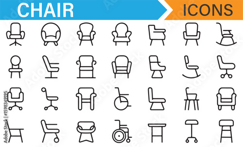 Icon collection representing different types of chairs for interior design
