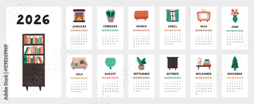 Cute calendar template for 2025 year with cozy illustrations of living room interior. Calendar grid with weeks starts on Monday for nursery or office. Horizontal monthly calender layout for planning.