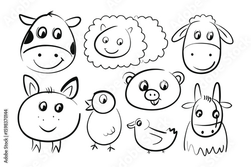 Playful Farm Animal Sketches: A charming collection of simple, hand-drawn sketches of various farm animals, perfect for adding a touch of rustic whimsy and creative flair.