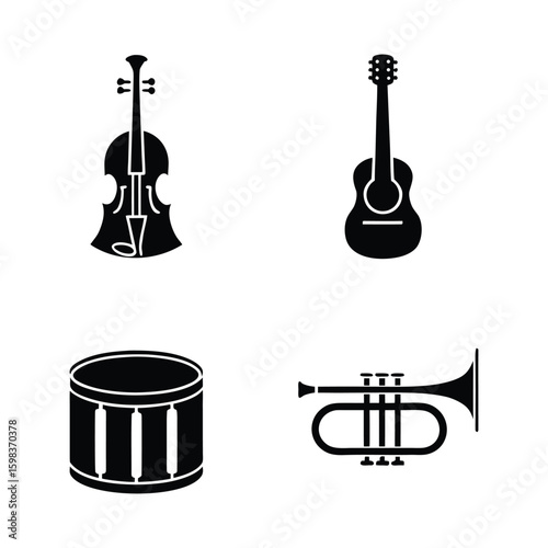 Collection of Musical Instruments in Black Silhouette Violin Guitar Drum and Trumpet a versatile vector illustration for music related projects and creative designs on a