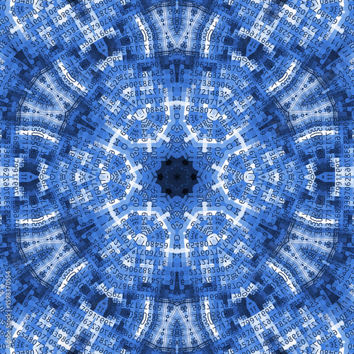 Blue background with abstract pattern of numbers and shapes