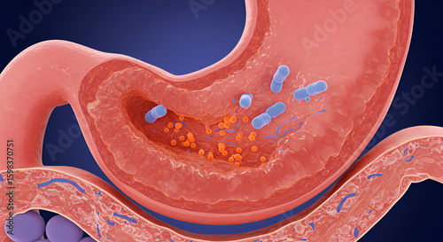3D Cross-Section of Human Stomach Ulcer Infected by H. pylori
