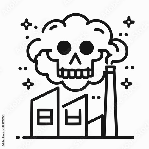 Simplified silhouette of a metallurgical factory emitting stylized smoke in the shape of a skull