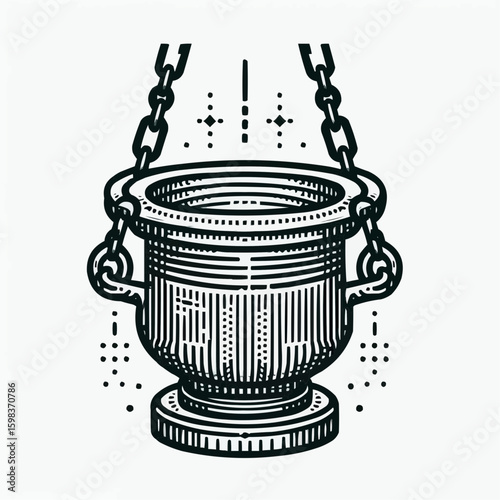 Heavy melting pot suspended by chains in a detailed industrial illustration