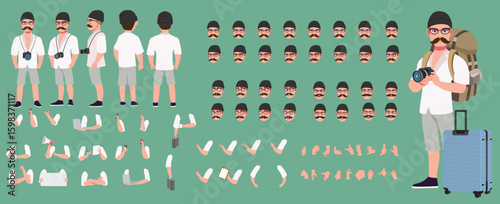 Traveler character model sheet, Character poses, expressions, Walk cycle, Run cycle animated character sequences.