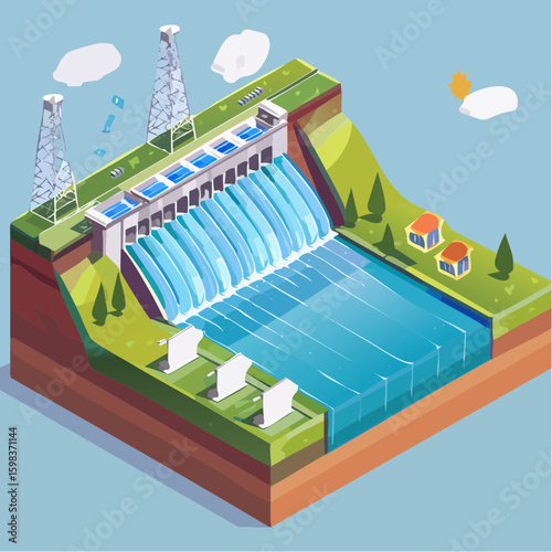 Isometric Vector Illustration of Hydroelectric Dam Power Plant with Landscape