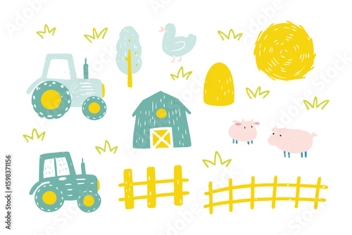 Farm Elements Illustration: A delightful illustrated farm scene featuring a tractor, charming barn, playful duck, a cheerful hay bale, and adorable pig.
