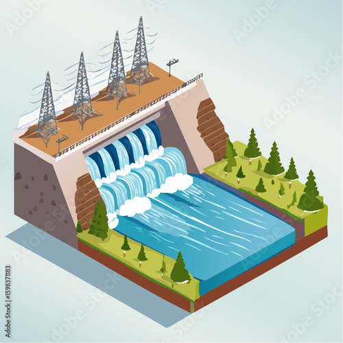 Isometric vector cross-section of a hydroelectric power station with a dam, waterfall, and transmission towers.