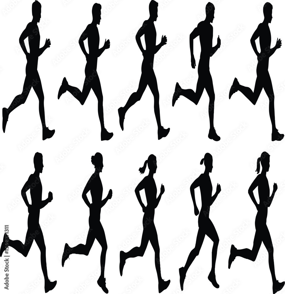 Fototapeta premium Silhouettes of people running in a row with different poses and genders in a white background image