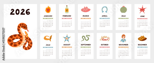 Lovely calendar template for 2026 year with funky western and cowboy cartoon clipart. Calendar grid with weeks start on Monday for nursery, company. Vertical monthly calender layout for planning.