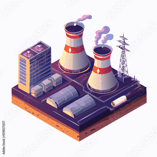 Isometric Vector Illustration of a Hydroelectric Dam with Energy Generating System