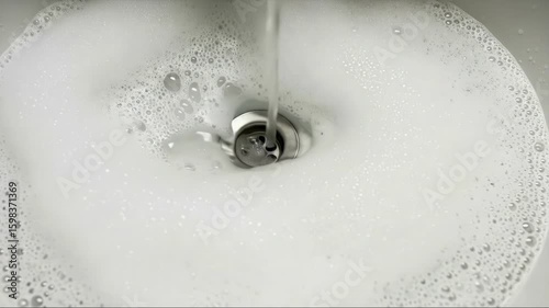 Soapy water swirls down a kitchen sink drain while washing dishes, highlighting an everyday household cleaning routine and maintenance process.