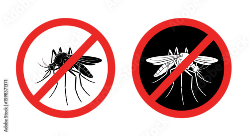 Two vector illustrations depict a mosquito with a red prohibition sign over it, one in black and white, the other inverted.