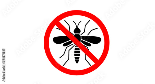Red circle prohibition sign with a mosquito graphic.