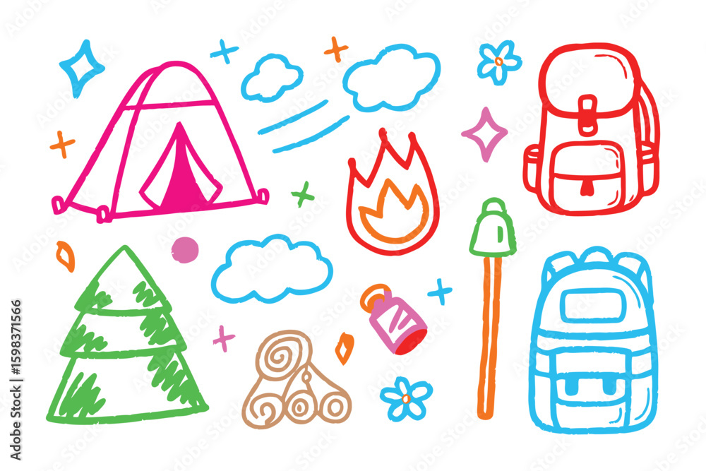 Obraz premium Hand-drawn Camping Elements: A whimsical collection of colorful camping elements, including a tent, backpack, campfire, and various nature-inspired doodles.